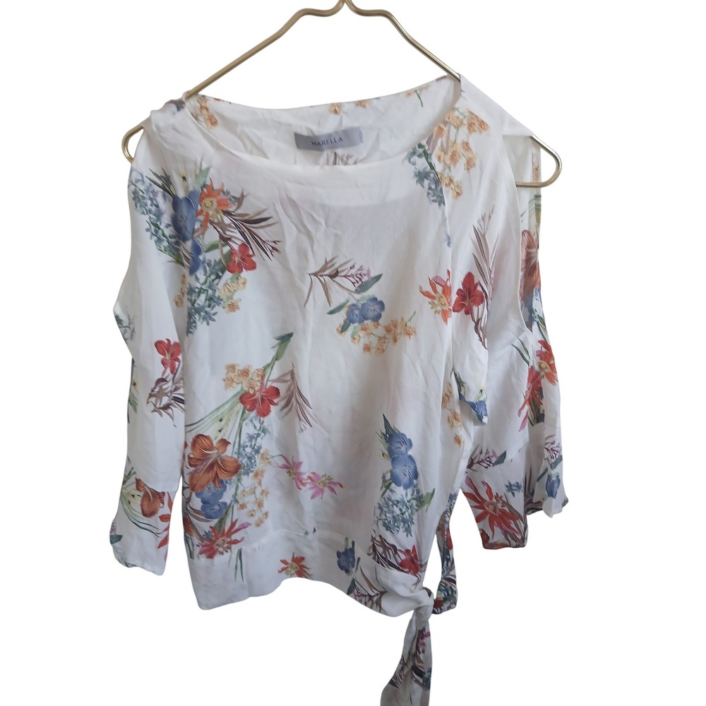 Marella Maxmara White Floral Cold Shoulder 100% SILK Tie‎ Waist Blouse Size 2